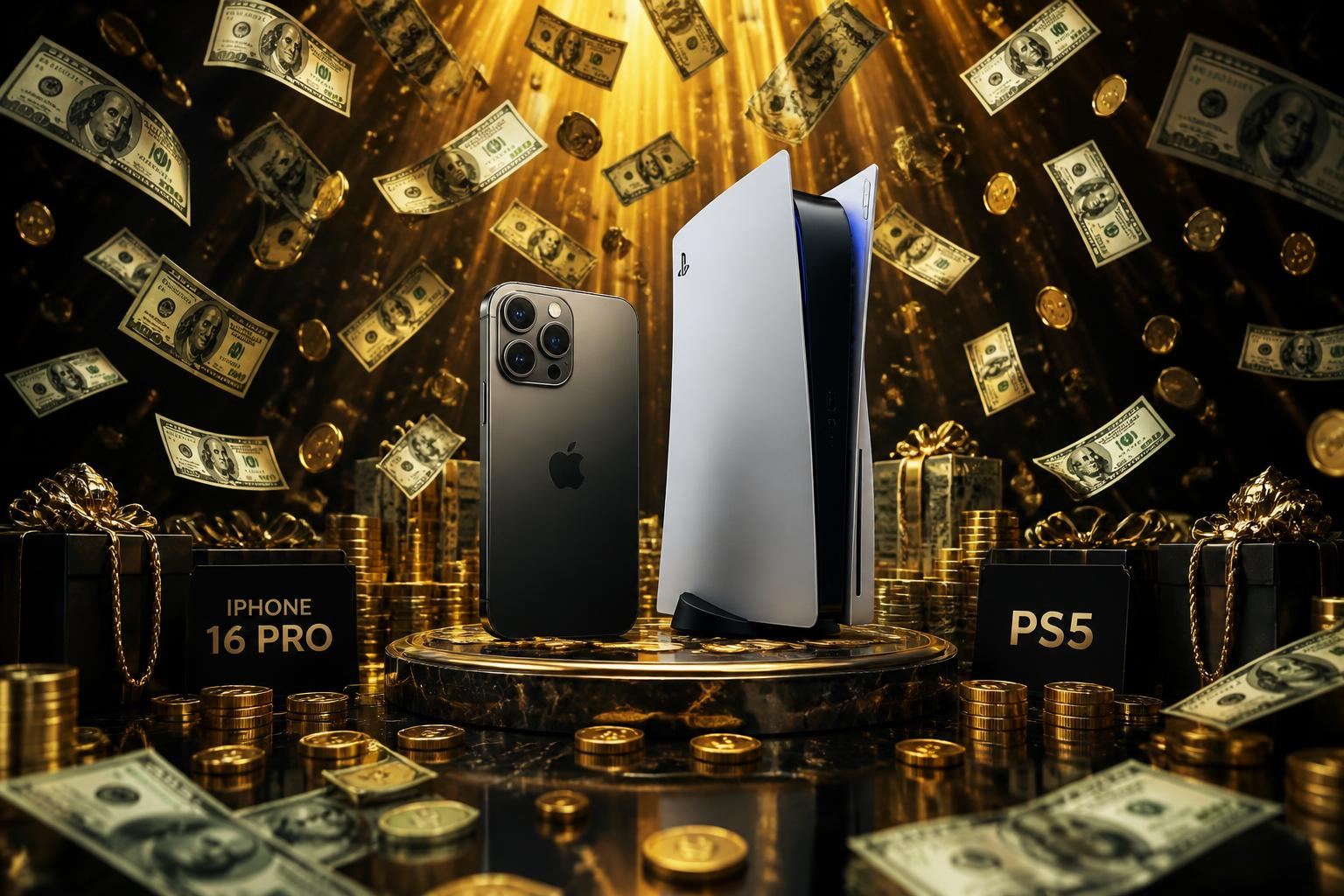 Stacks of $100 bills, gold coins, iPhone 16 Pro and PS5 prizes for the DailyDeals 2026 Mega Giveaway